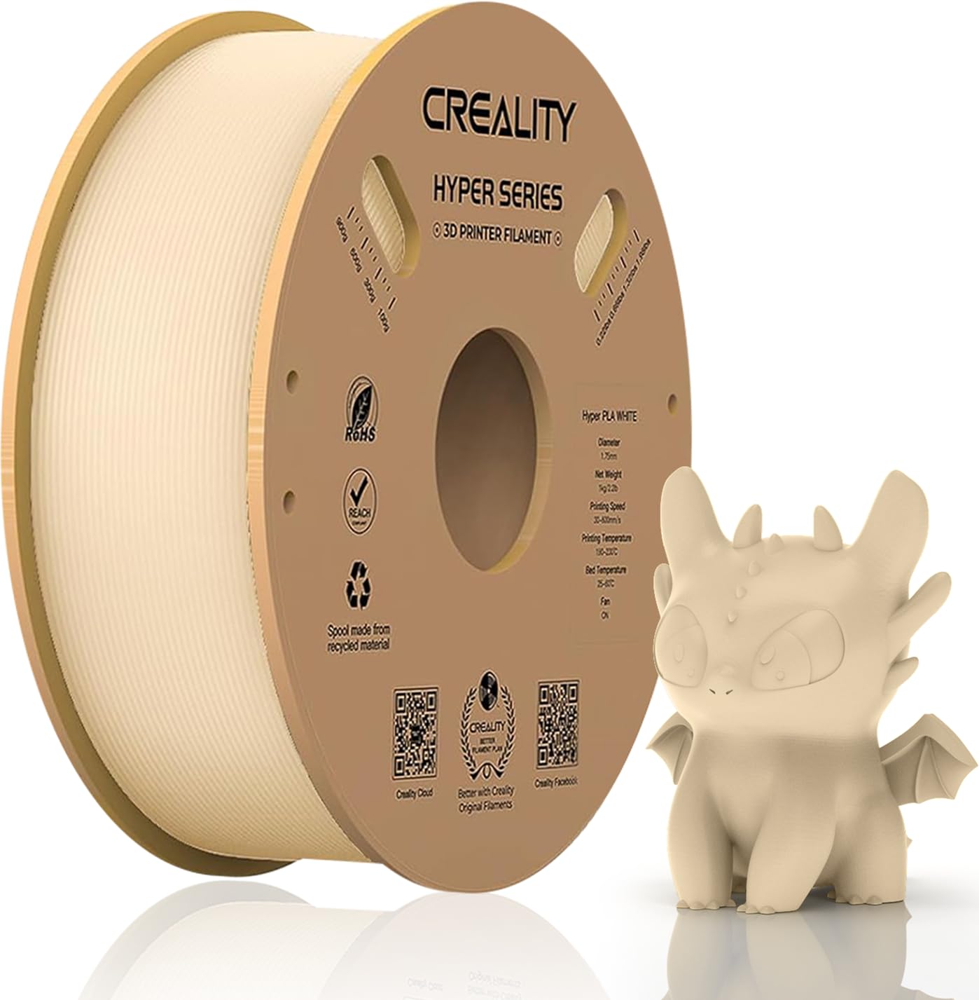 Official Creality Hyper PLA Filament 1.75mm, High Speed PLA 30-600mm/s 3D Printer Filament, Dimensional Accuracy +/-0.02mm, Fit Most FDM 3D Printers,1KG(2.2lbs) Spool White