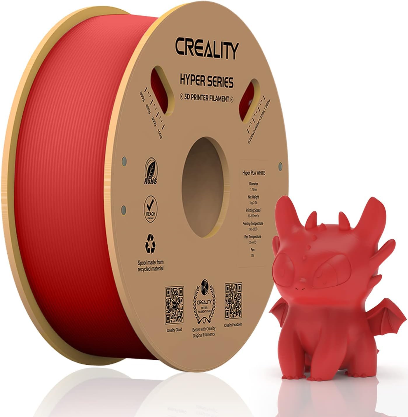 Official Creality Hyper PLA Filament 1.75mm, High Speed PLA 30-600mm/s 3D Printer Filament, Dimensional Accuracy +/-0.02mm, Fit Most FDM 3D Printers,1KG(2.2lbs) Spool White