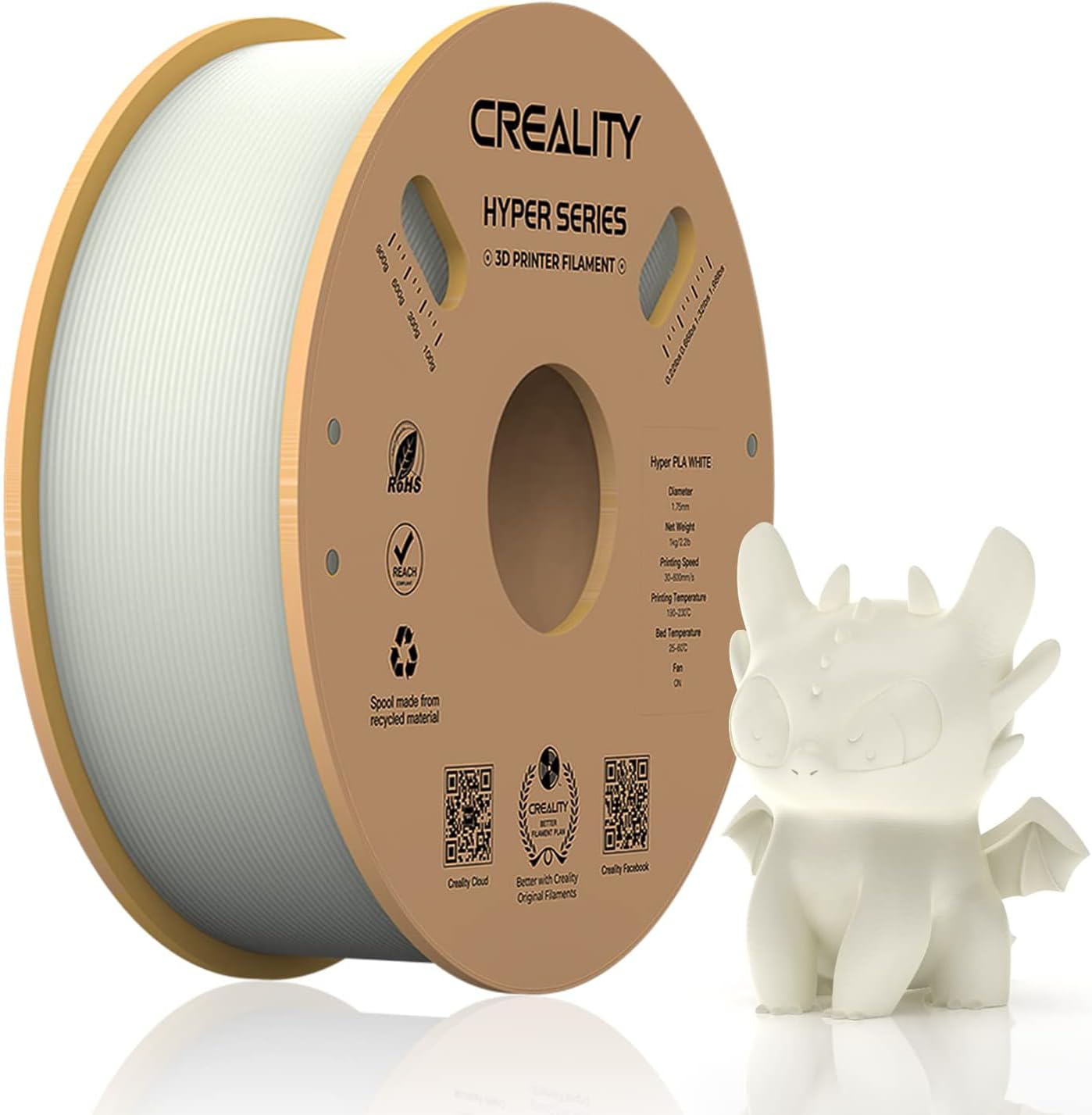 Official Creality Hyper PLA Filament 1.75mm, High Speed PLA 30-600mm/s 3D Printer Filament, Dimensional Accuracy +/-0.02mm, Fit Most FDM 3D Printers,1KG(2.2lbs) Spool White