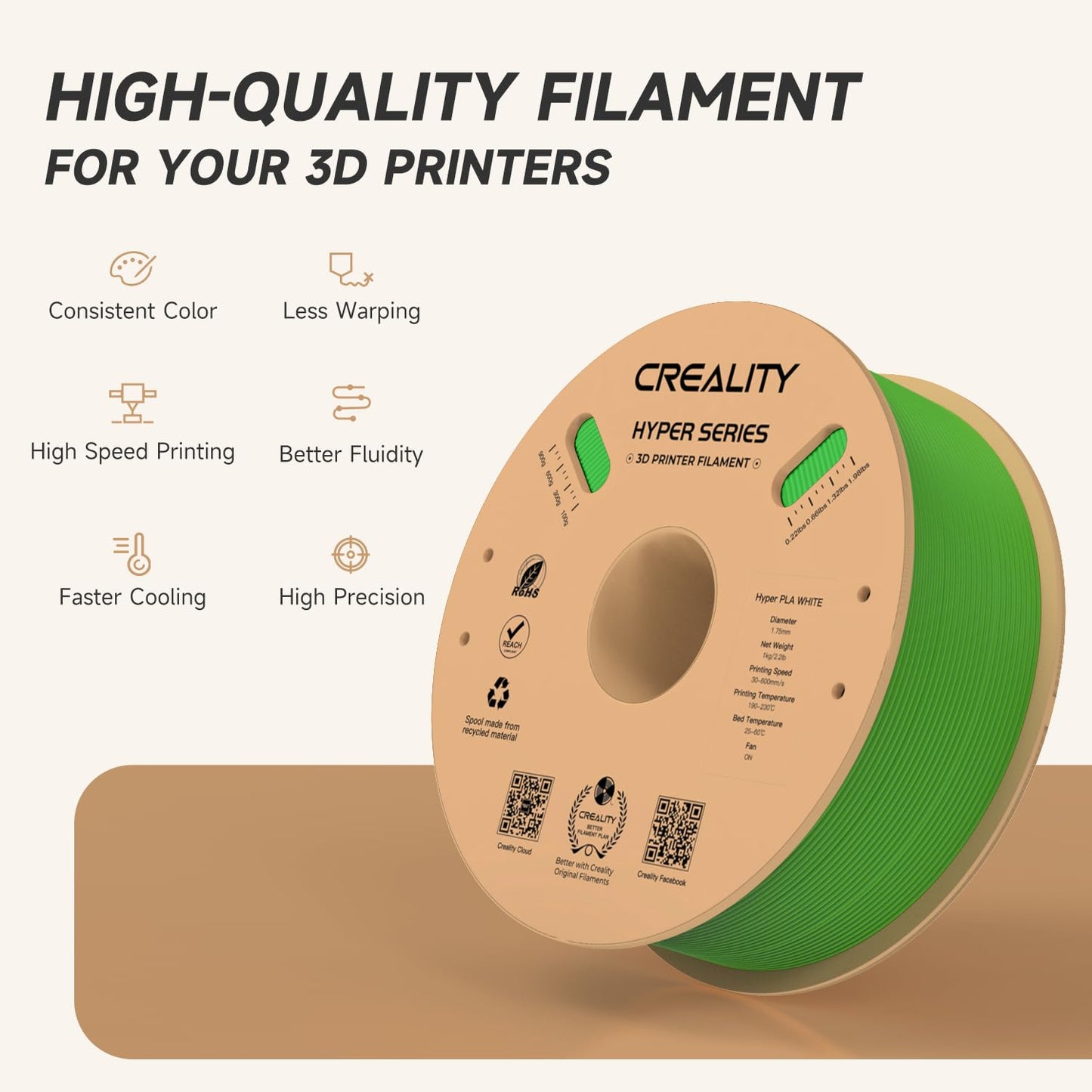 Official Creality Hyper PLA Filament 1.75mm, High Speed PLA 30-600mm/s 3D Printer Filament, Dimensional Accuracy +/-0.02mm, Fit Most FDM 3D Printers,1KG(2.2lbs) Spool White