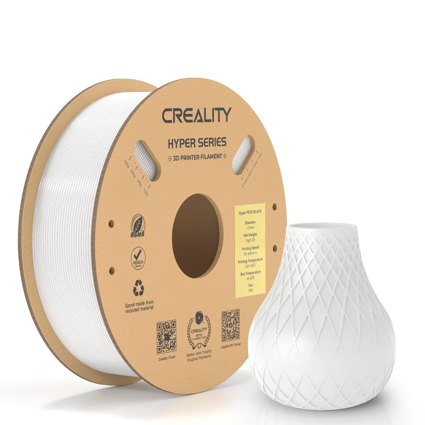 Official Creality Hyper PLA Filament 1.75mm, High Speed PLA 30-600mm/s 3D Printer Filament, Dimensional Accuracy +/-0.02mm, Fit Most FDM 3D Printers,1KG(2.2lbs) Spool White