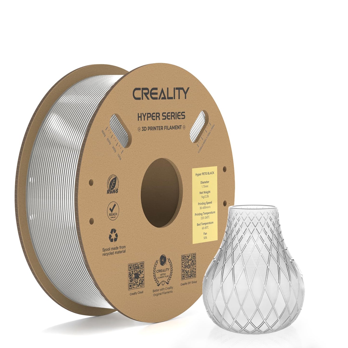 Official Creality Hyper PLA Filament 1.75mm, High Speed PLA 30-600mm/s 3D Printer Filament, Dimensional Accuracy +/-0.02mm, Fit Most FDM 3D Printers,1KG(2.2lbs) Spool White