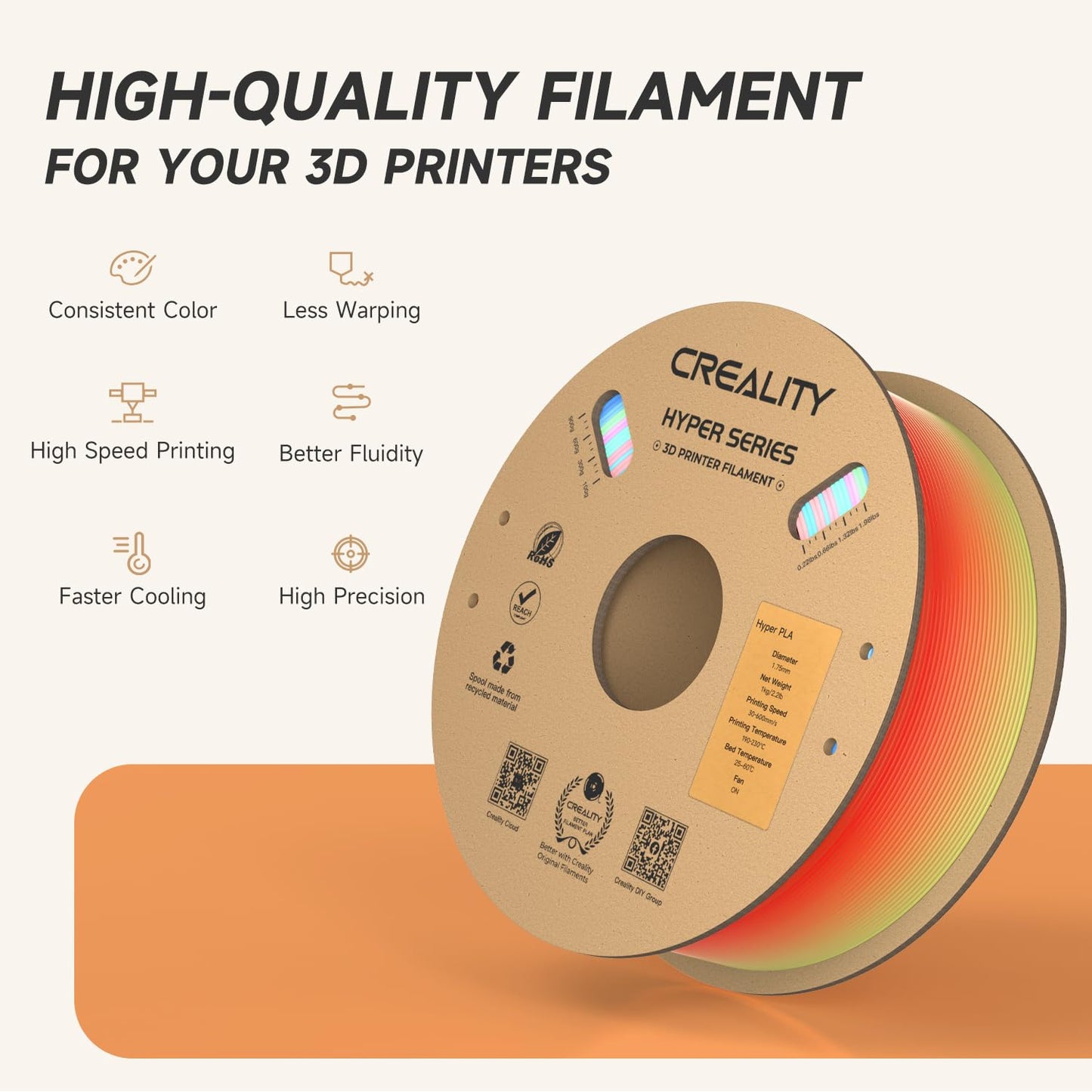 Official Creality Hyper PLA Filament 1.75mm, High Speed PLA 30-600mm/s 3D Printer Filament, Dimensional Accuracy +/-0.02mm, Fit Most FDM 3D Printers,1KG(2.2lbs) Spool White
