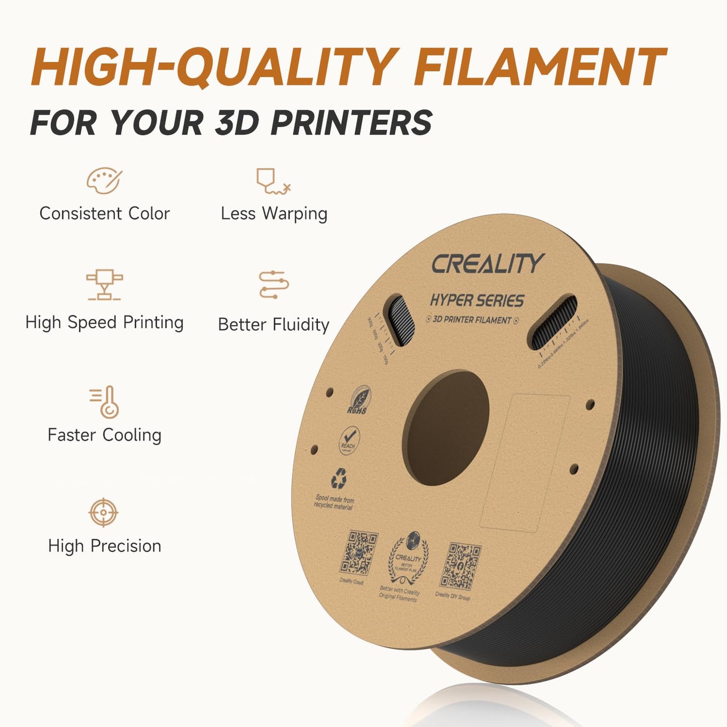 Official Creality Hyper PLA Filament 1.75mm, High Speed PLA 30-600mm/s 3D Printer Filament, Dimensional Accuracy +/-0.02mm, Fit Most FDM 3D Printers,1KG(2.2lbs) Spool White