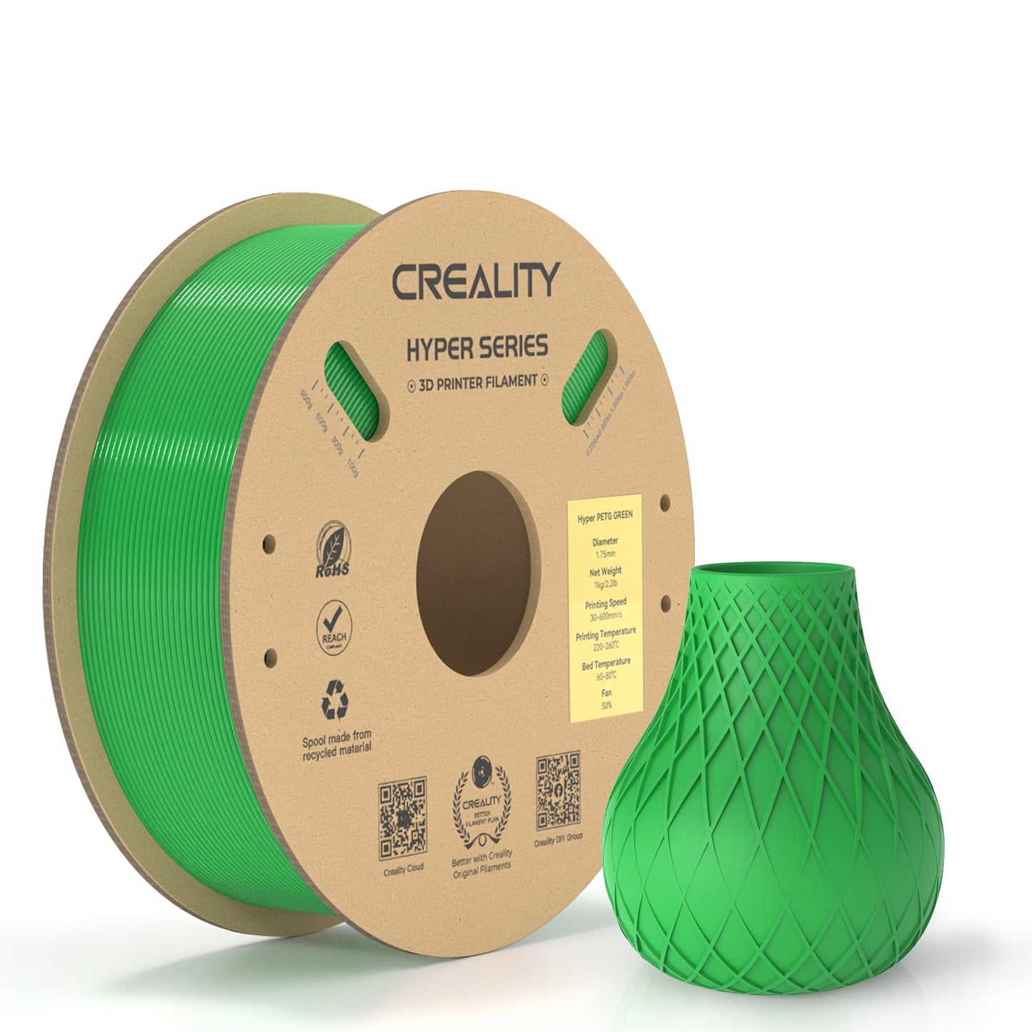 Official Creality Hyper PLA Filament 1.75mm, High Speed PLA 30-600mm/s 3D Printer Filament, Dimensional Accuracy +/-0.02mm, Fit Most FDM 3D Printers,1KG(2.2lbs) Spool White