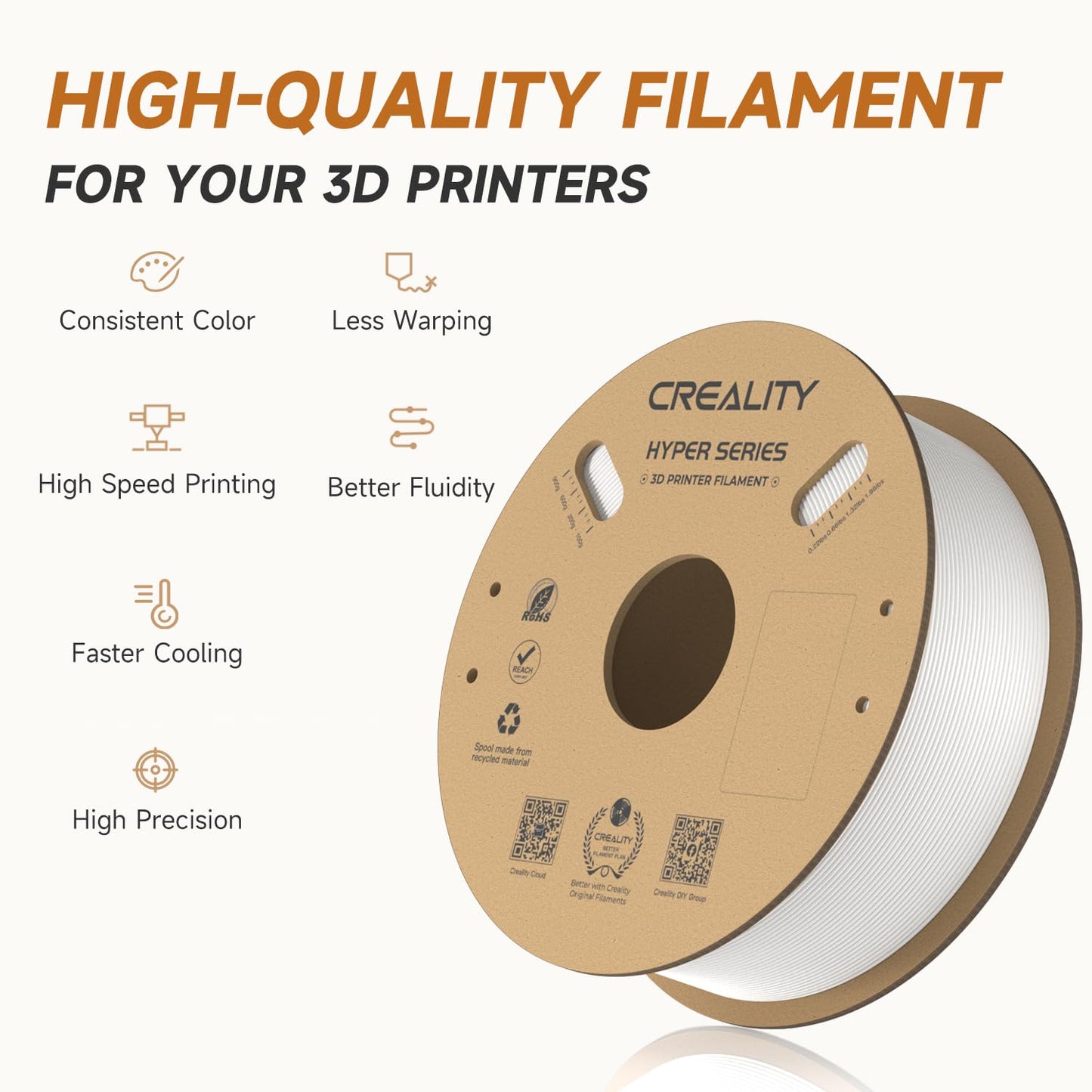 Official Creality Hyper PLA Filament 1.75mm, High Speed PLA 30-600mm/s 3D Printer Filament, Dimensional Accuracy +/-0.02mm, Fit Most FDM 3D Printers,1KG(2.2lbs) Spool White
