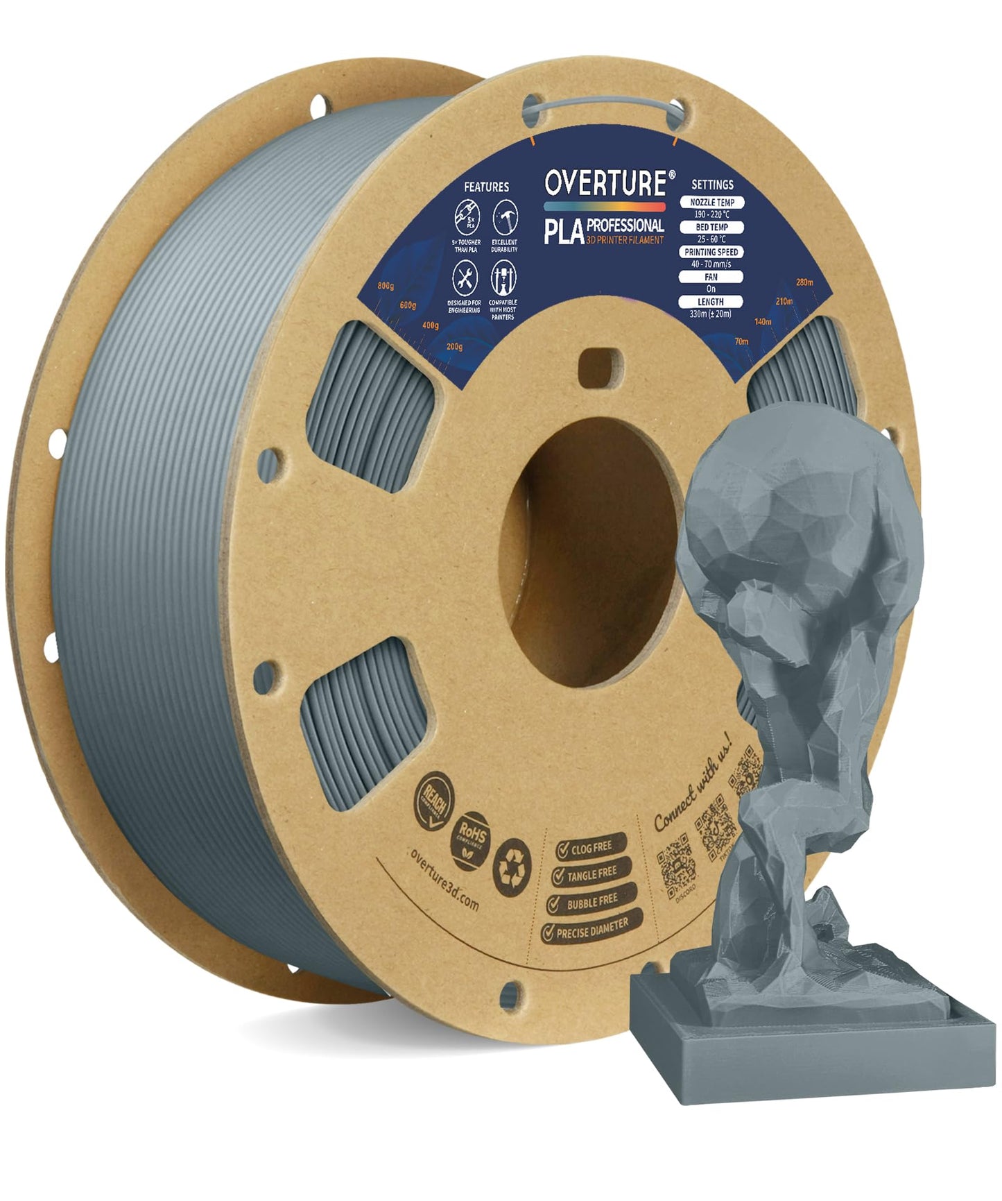 OVERTURE PLA Plus (PLA+) Filament 1.75mm Professional Toughness Enhanced Roll, Cardboard Spool, Premium 1kg(2.2lbs), Dimensional Accuracy Probability +/- 0.02mm (Space Gray)