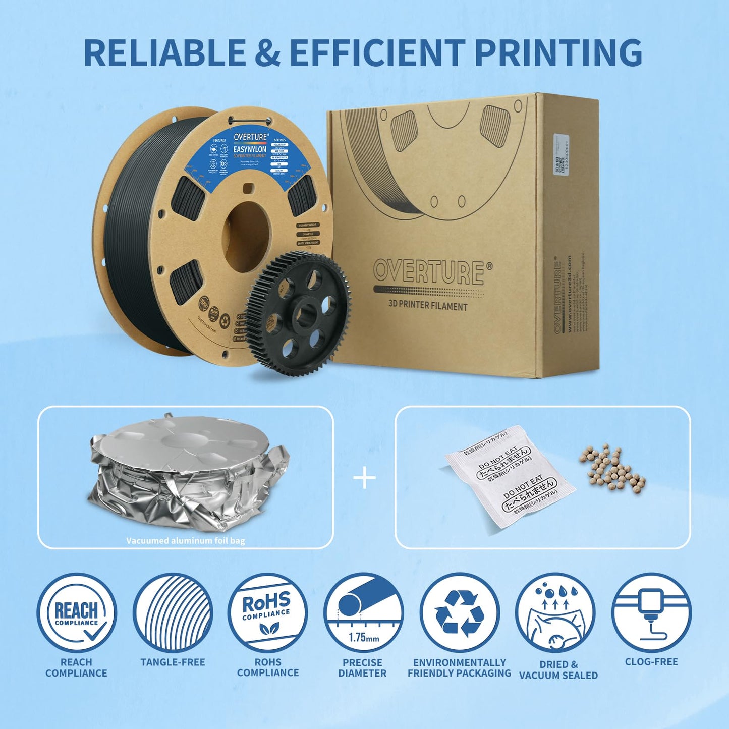 OVERTURE Nylon Filament 1.75mm 3D Printer Filament, Polyamide (PA) 1kg Spool (2.2lbs), Dimensional Accuracy +/- 0.02 mm, Fit Most FDM Printer (Gray)