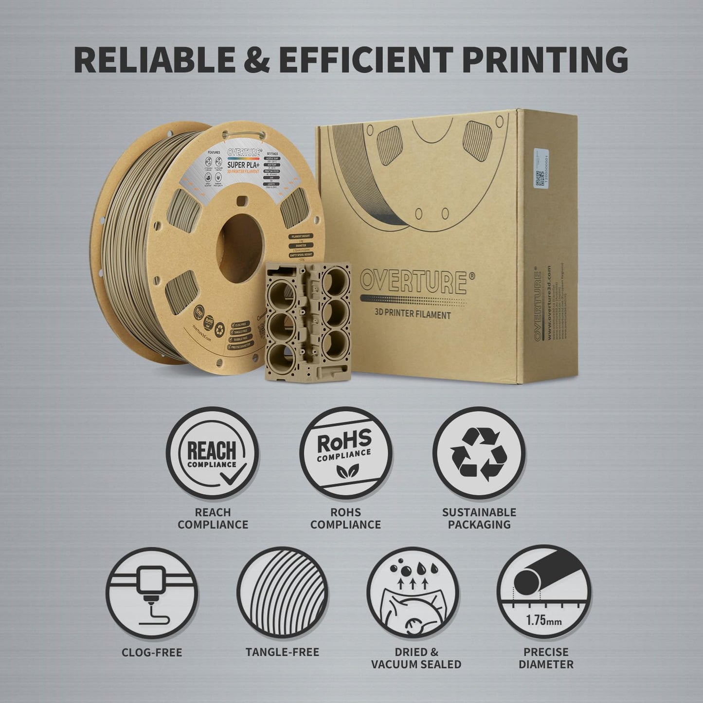 OVERTURE PLA Plus (PLA+) Filament 1.75mm Professional Toughness Enhanced Roll, Cardboard Spool, Premium 1kg(2.2lbs), Dimensional Accuracy Probability +/- 0.02mm (Space Gray)