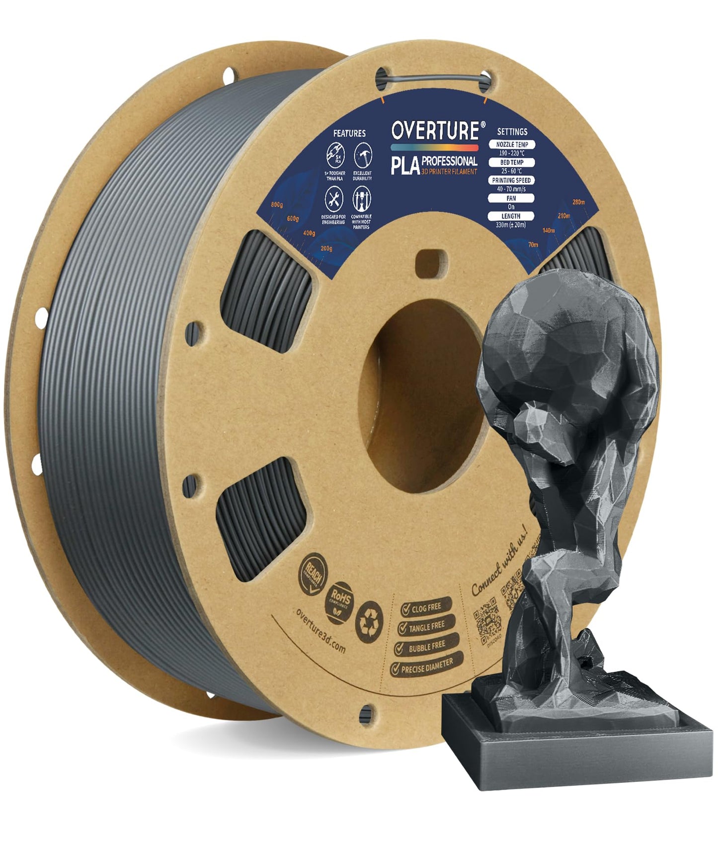 OVERTURE PLA Plus (PLA+) Filament 1.75mm Professional Toughness Enhanced Roll, Cardboard Spool, Premium 1kg(2.2lbs), Dimensional Accuracy Probability +/- 0.02mm (Space Gray)